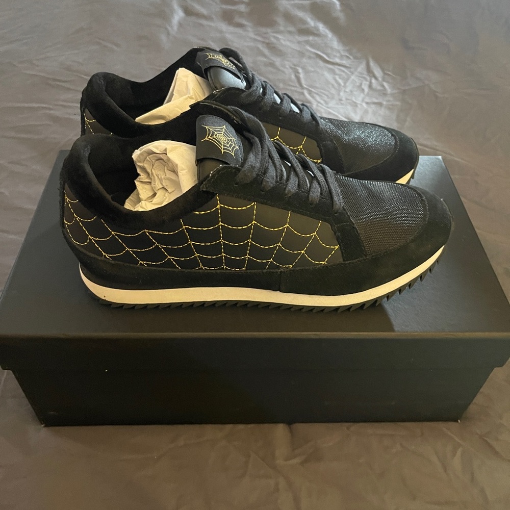 Charlotte Olympia Bodyism RARE gold stitch spiderweb low top sneakers with box.